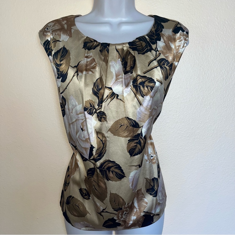 Talbots Stretch Silk Blouse Top sz 8 M Floral Roses Print Beige Black Nude Party